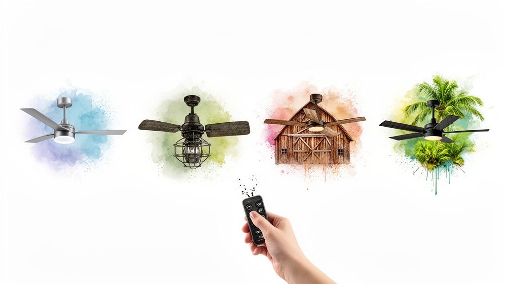 A hand holds a remote control, aiming at four distinct ceiling fans, each with a unique style and background.