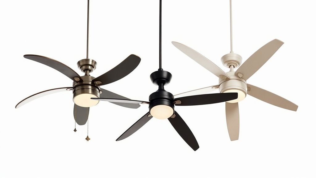 A living room with a palm ceiling fan that has an integrated light, complementing the coastal decor.