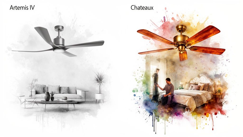 Two distinct ceiling fans: a modern silver one above a living room and a classic bronze one over a colorful bedroom.