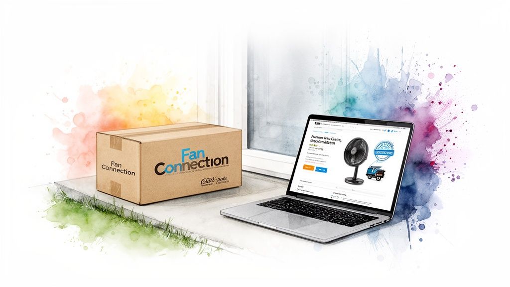 A 'Fan Connection' delivery box sits next to a laptop displaying an online fan shop.