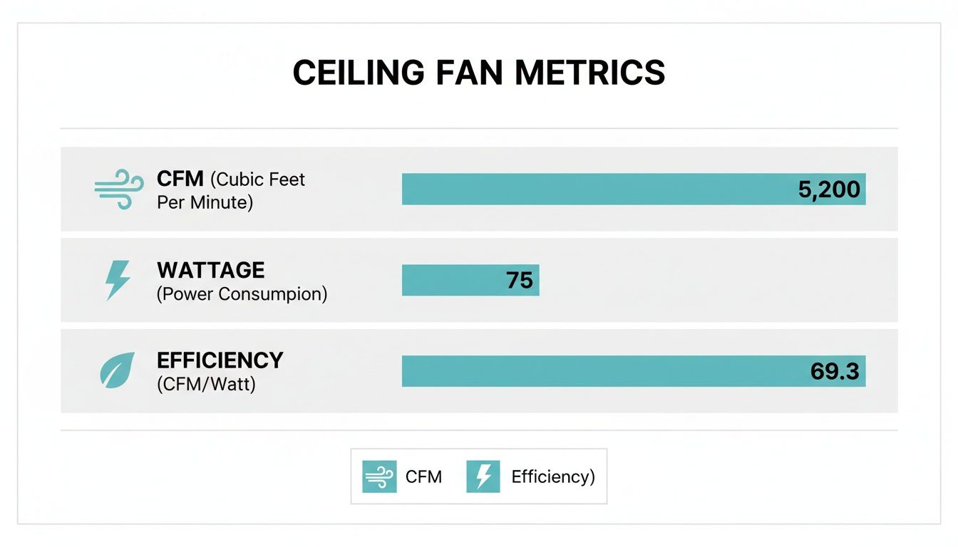 An infographic displaying ceiling fan metrics: CFM, wattage, and efficiency with their numerical values.