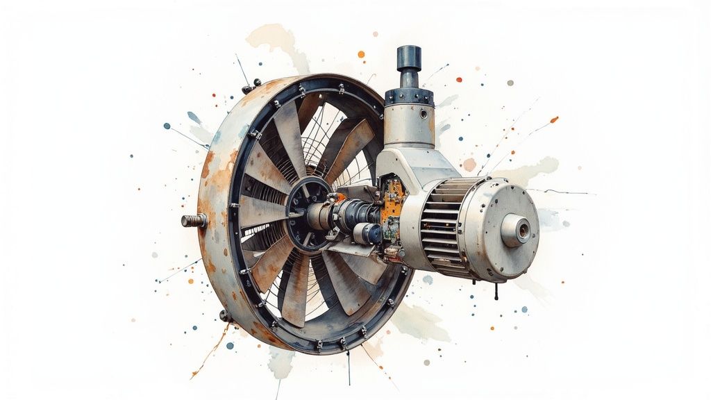 Watercolor illustration of a large industrial fan with a connected motor, surrounded by paint splatters.