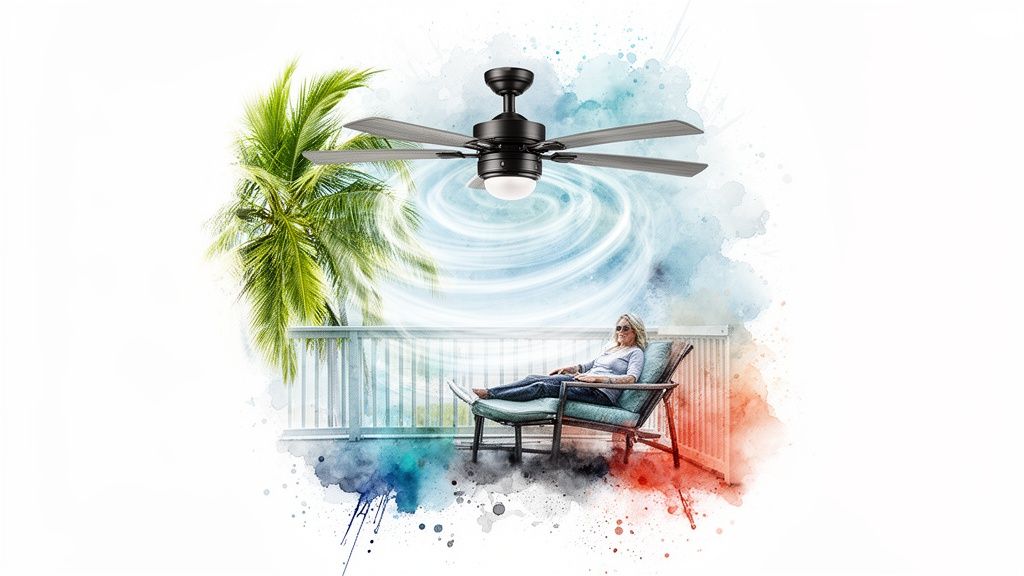 A black ceiling fan cools a woman relaxing on a balcony with a palm tree in watercolor style.