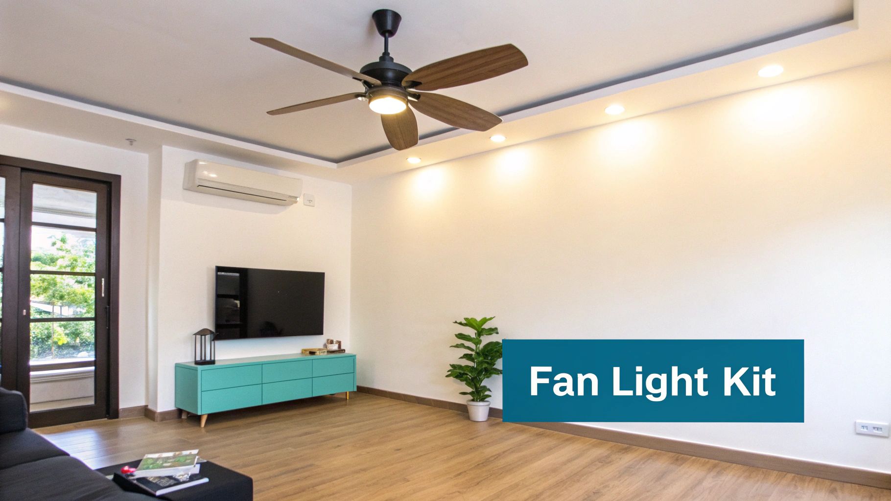 A modern living room featuring a ceiling fan with a light kit, recessed lighting, and a TV.