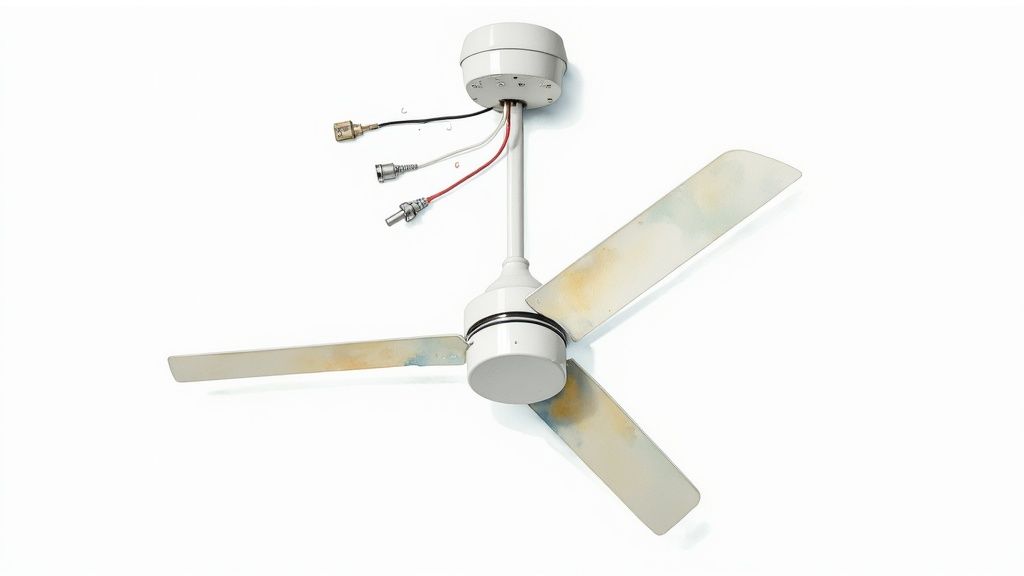 White ceiling fan with three discolored blades and exposed wiring connections against a white background.