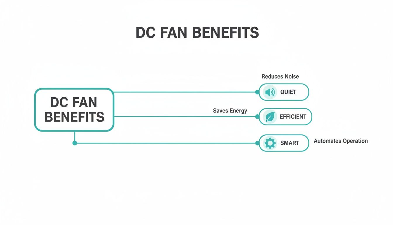 A diagram outlining the benefits of DC fans: quiet operation, energy efficiency, and smart automation.