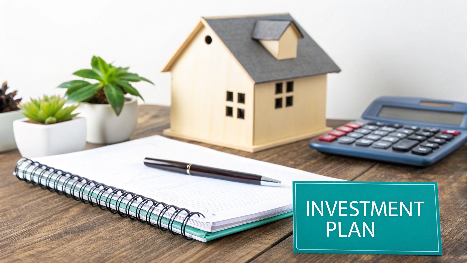 A desk with a model house, calculator, notebook, and 'INVESTMENT PLAN' sign, suggesting financial planning.