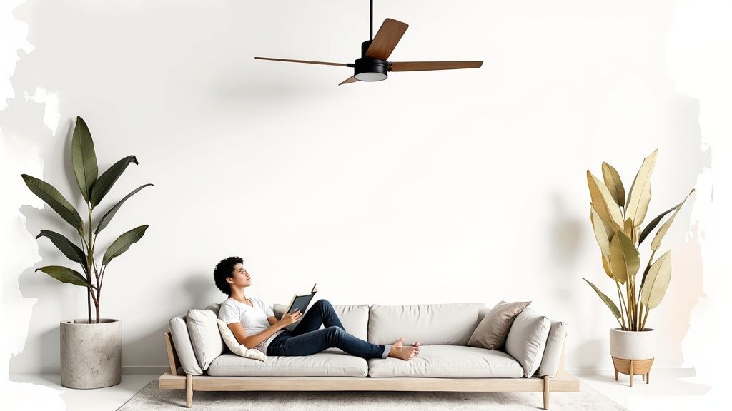 A woman relaxing on a sofa with a book, under a modern ceiling fan, flanked by plants.