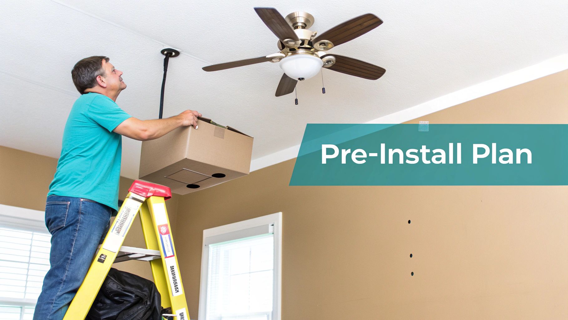 A stylish ceiling fan with a light, installed in a modern living room with a neutral color palette.