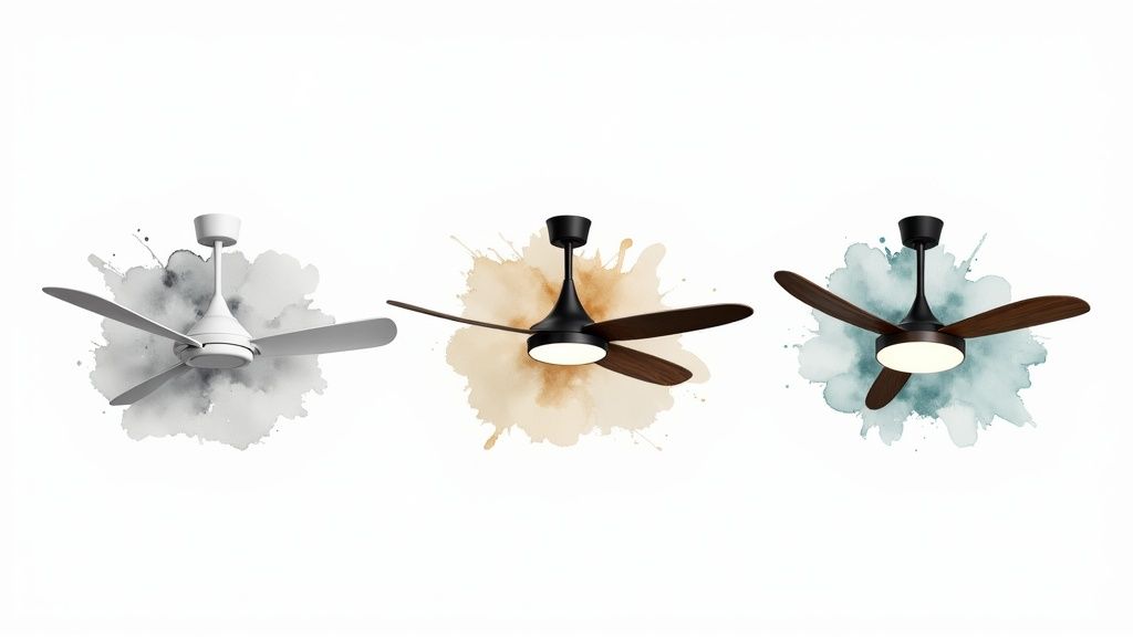 A modern white ceiling fan with light wood blades in a brightly lit room with a sloped ceiling.