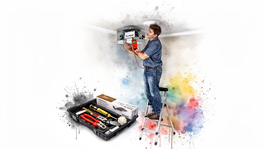 A man on a ladder installing a new ceiling fixture, with a toolbox of tools nearby.