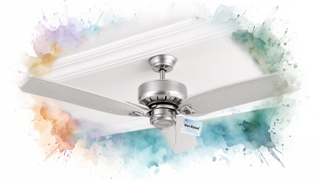 A silver wet-rated ceiling fan with water droplets on its blades is mounted on a white ceiling.