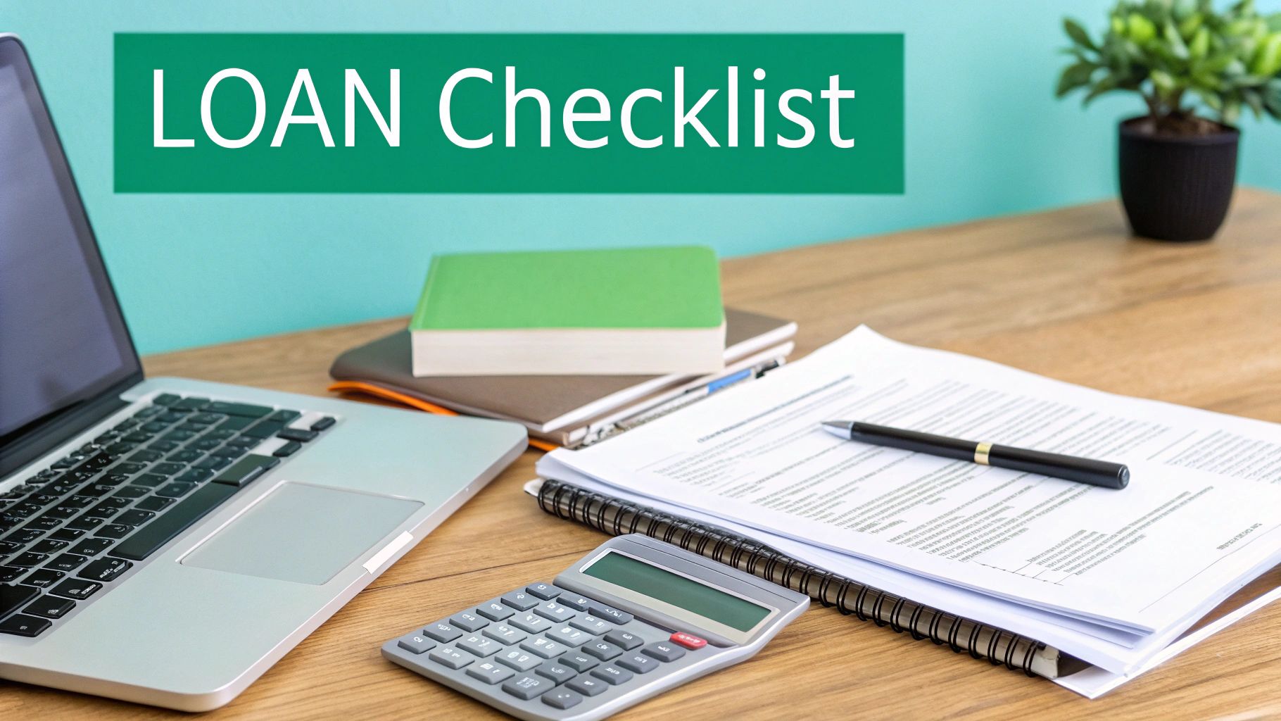 A desk with a laptop, calculator, documents, and books, featuring a 'LOAN Checklist' banner.