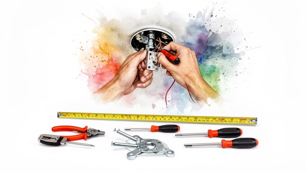 Close-up of hands installing electrical wiring for a ceiling fixture, with tools on a white background.