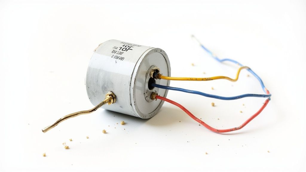 A cylindrical electronic capacitor with yellow, blue, and red wires, and a golden lead, on a white surface with debris.