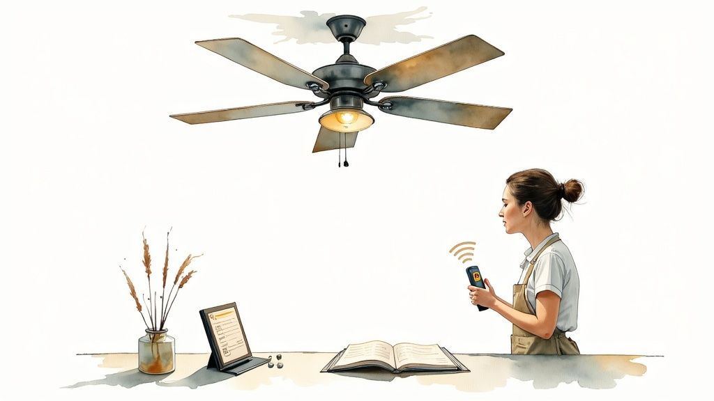 A woman uses a smartphone to remotely control a ceiling fan with light above a desk.
