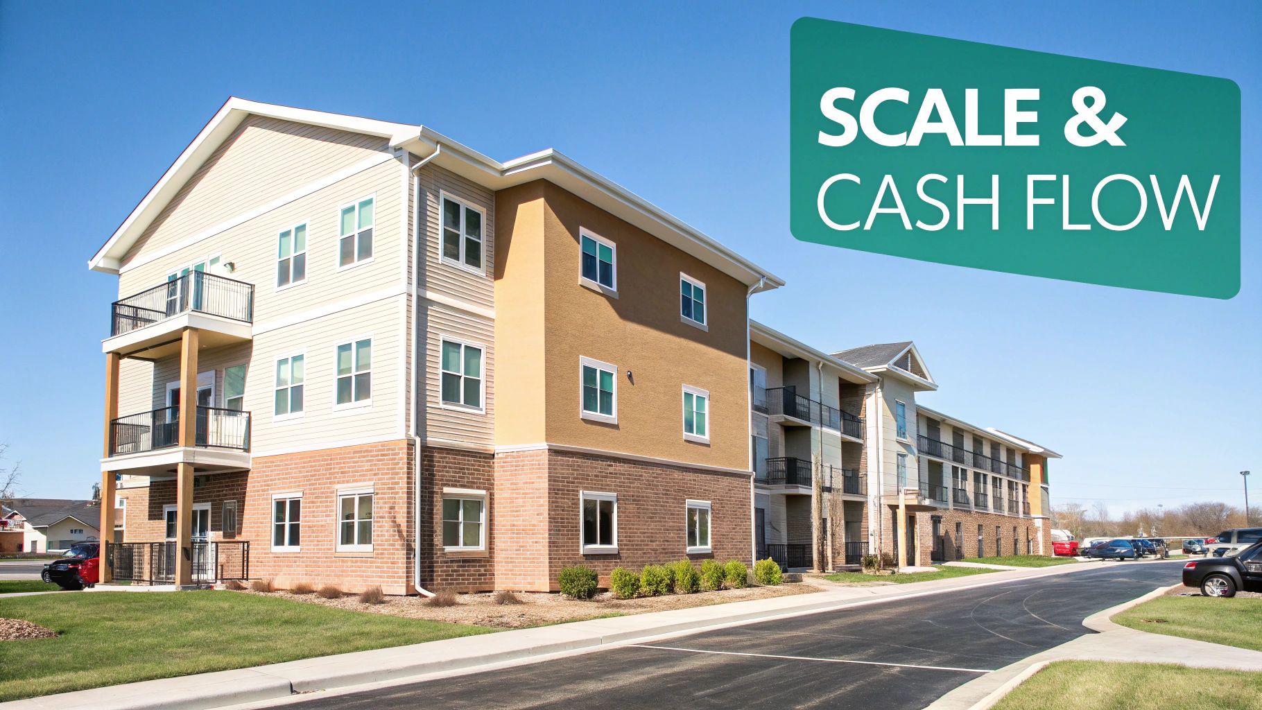 Modern multifamily apartment buildings with balconies and brick bases against a bright blue sky.