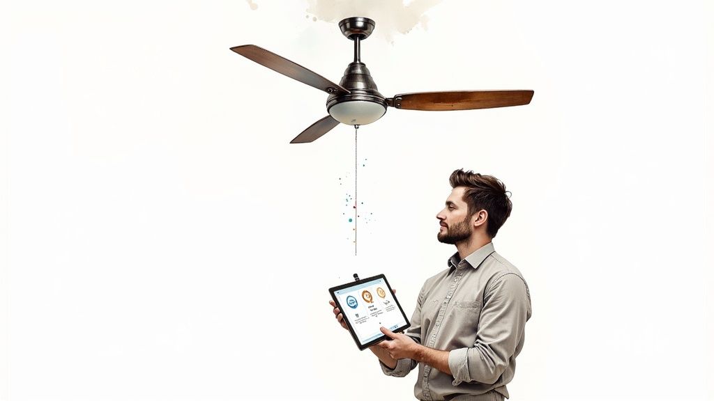 Modern commercial ceiling fan with sleek wooden blades in a well-lit business lobby.