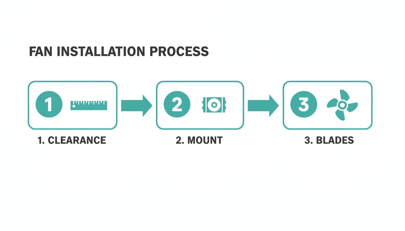 Flowchart illustrating the three steps for fan installation: clearance, mount, and blades.