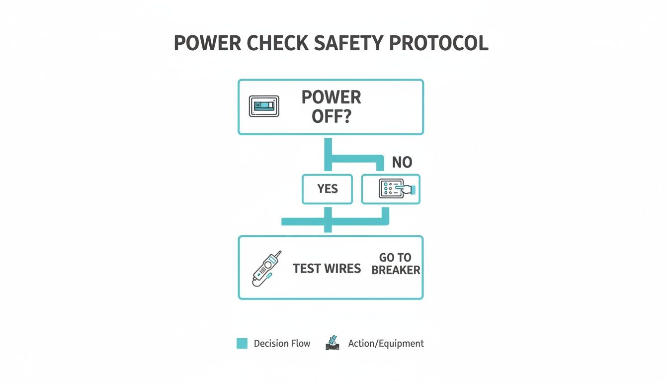 A flowchart outlining a power check safety protocol, including steps for verifying power and testing wires.