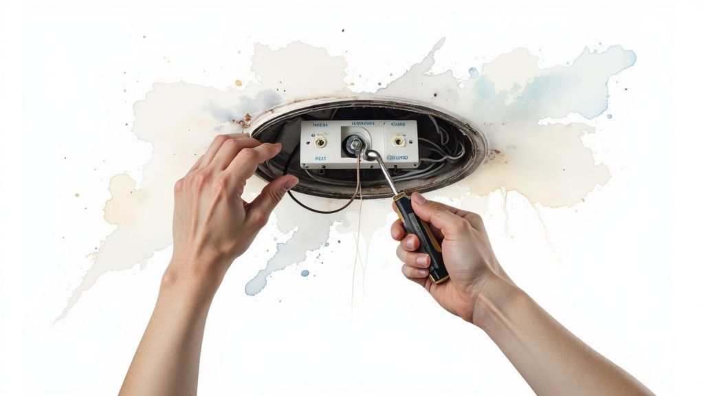 Hands wiring an electrical fixture on a ceiling, showing connections and a screwdriver.