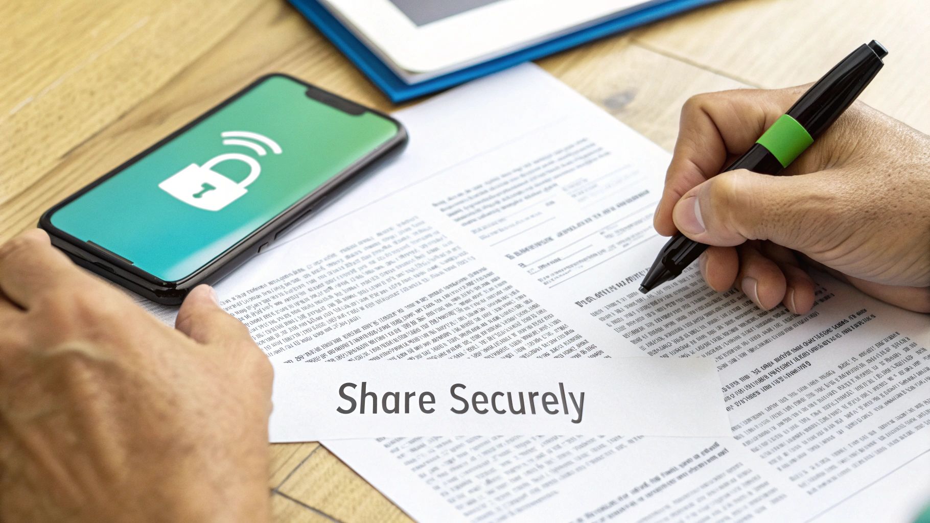 A person signs a document while a smartphone displays a secure lock icon. Text says 'Share Securely'.
