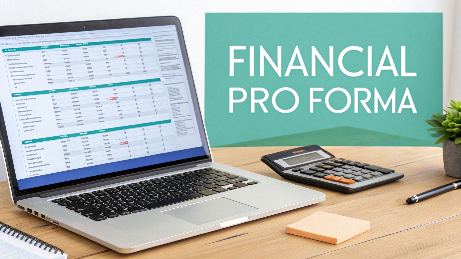 A laptop displaying a financial pro forma spreadsheet, with a calculator and sign on a desk.