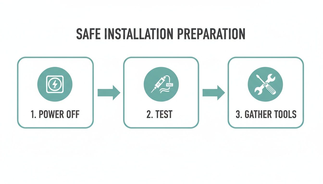 A diagram illustrates three crucial steps for safe installation: power off, test, and gather tools.