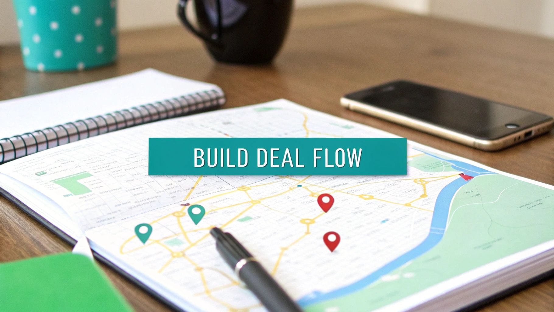 A desk with an open notebook displaying a map with pins, a pen, and a smartphone. A banner reads 'BUILD DEAL FLOW'.