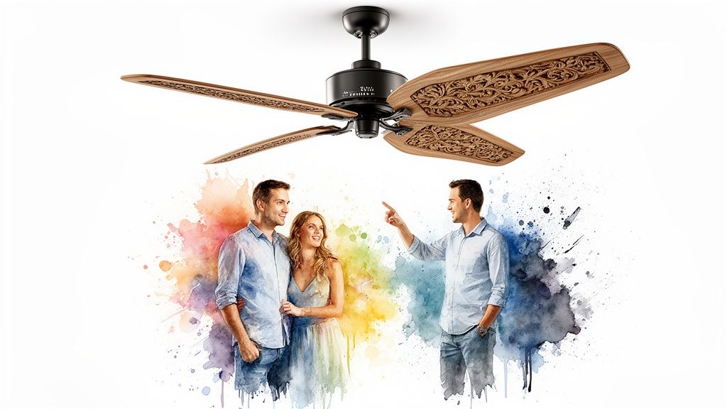 A decorative ceiling fan with carved wooden blades above three people, one pointing at the fan amidst colorful watercolor splashes.