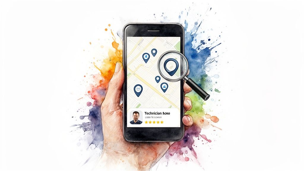 Hand holding a smartphone displaying a map with location pins and a technician's profile, emphasizing local service search.