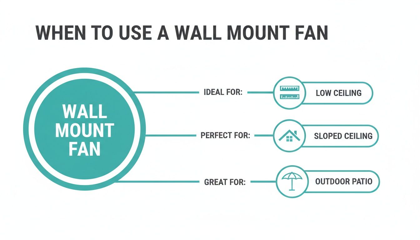 Infographic illustrating when to use a wall mount fan, ideal for low ceilings, sloped ceilings, and outdoor patios.