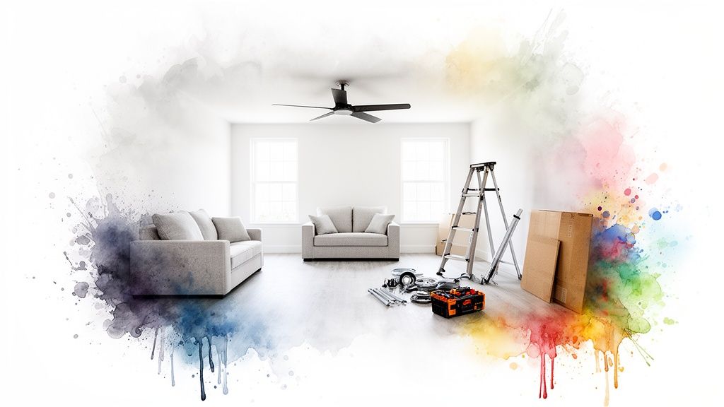 Bright room with sofas, a newly installed ceiling fan, tools, and colorful paint splatters.