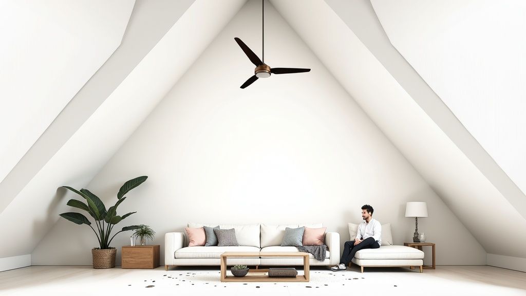 A modern minimalist living room with a vaulted ceiling, a man on a sofa, and a ceiling fan.