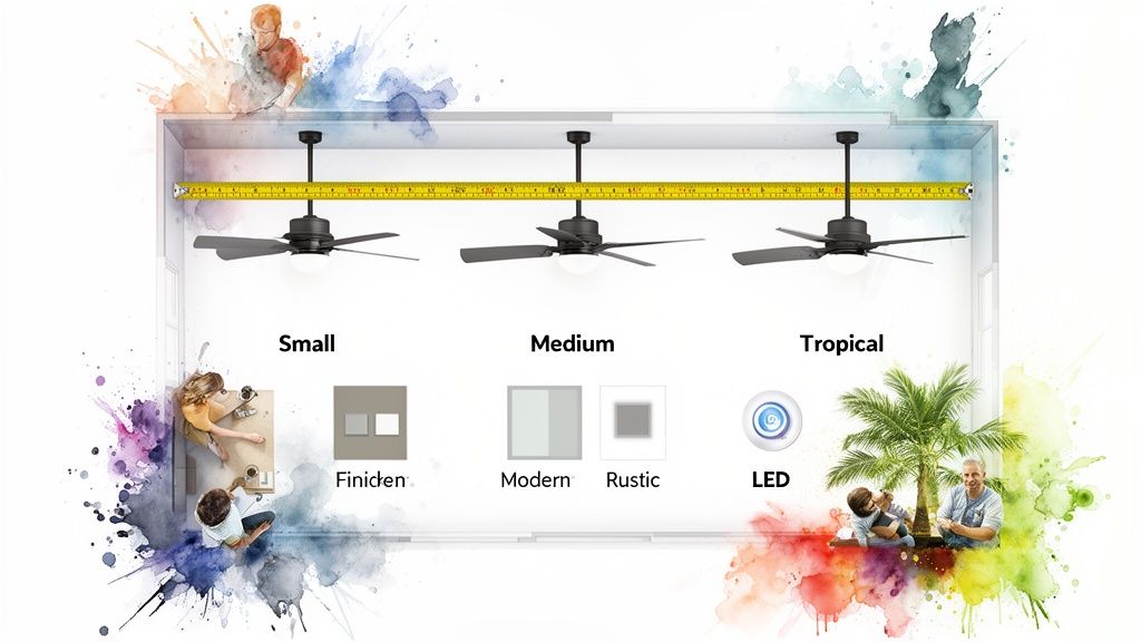 A room graphic showing small, medium, and tropical ceiling fans with various styles and LED options.