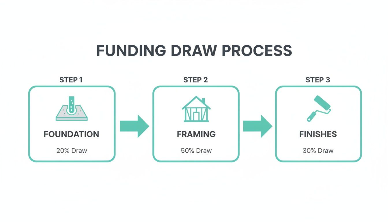 Infographic showing a three-step funding draw process for construction: Foundation (20%), Framing (50%), and Finishes (30%).