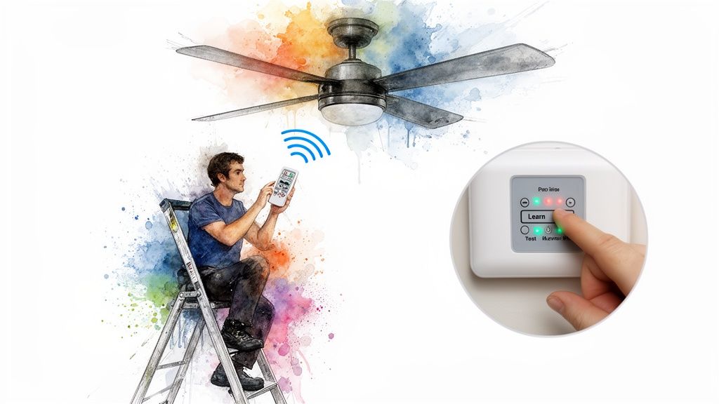 Man on ladder using a remote to control a ceiling fan, with a hand pressing 'Learn' on a device.