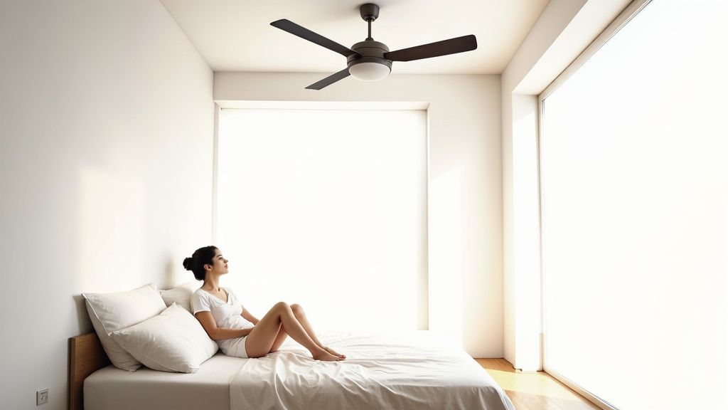 A young woman relaxes on a bed in a bright room with a ceiling fan overhead.