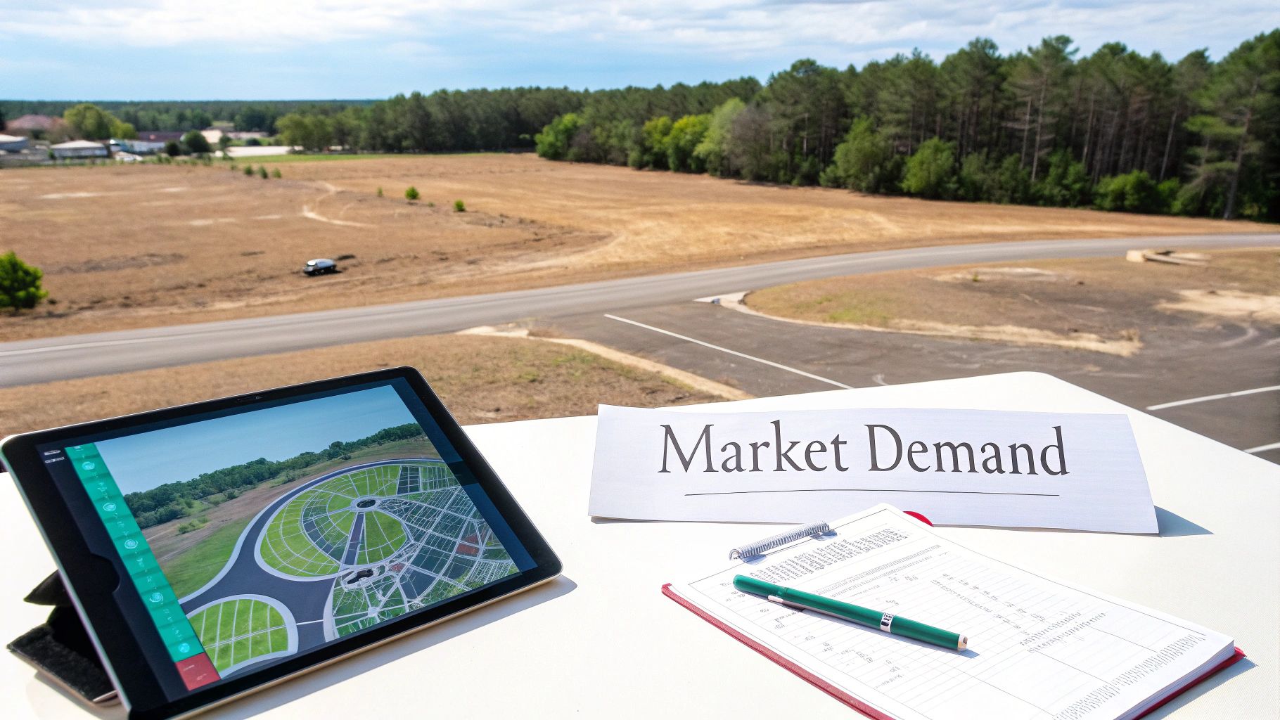 Tablet displaying a land development plan, 'Market Demand' sign, and notes on a table overlooking vacant land.