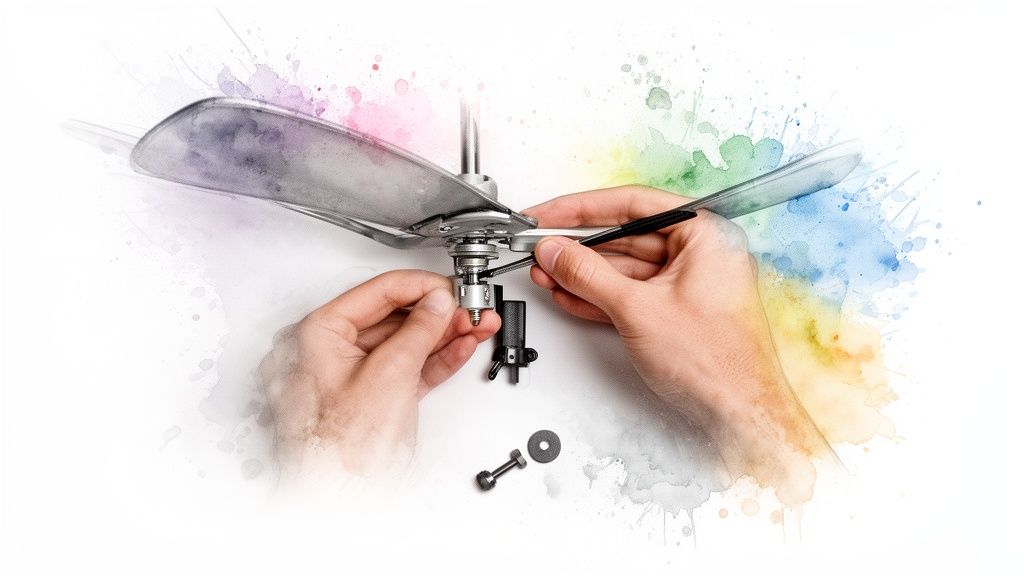 Close-up of hands assembling a ceiling fan component, showing detailed installation steps with colorful splashes.