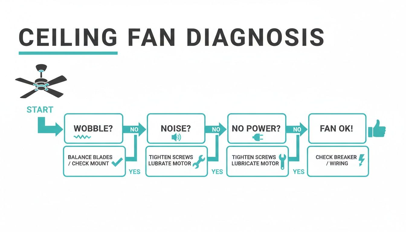 A flowchart for ceiling fan diagnosis, illustrating steps to troubleshoot wobble, noise, and no power problems.
