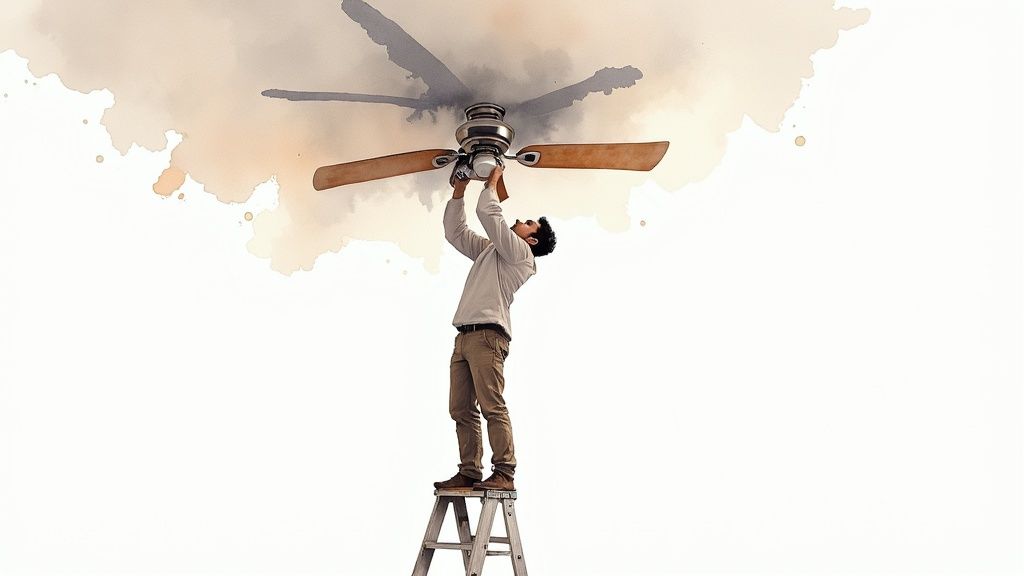 A man standing on a ladder installing a ceiling fan against a watercolor background.