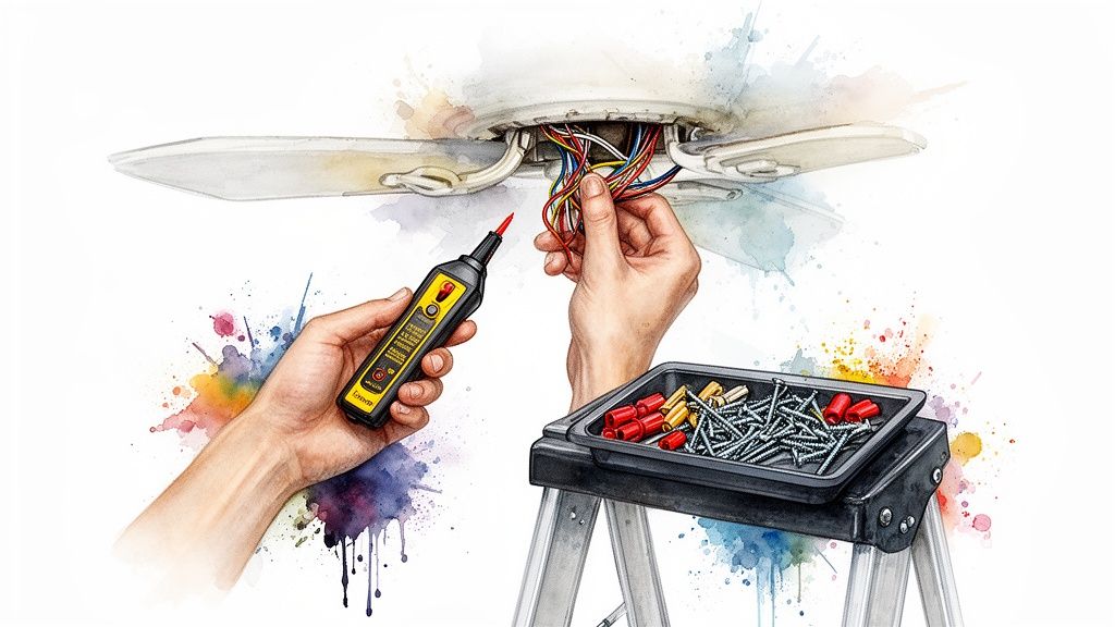 Hands of an electrician using a voltage tester while wiring a ceiling fan, with tools on a ladder.
