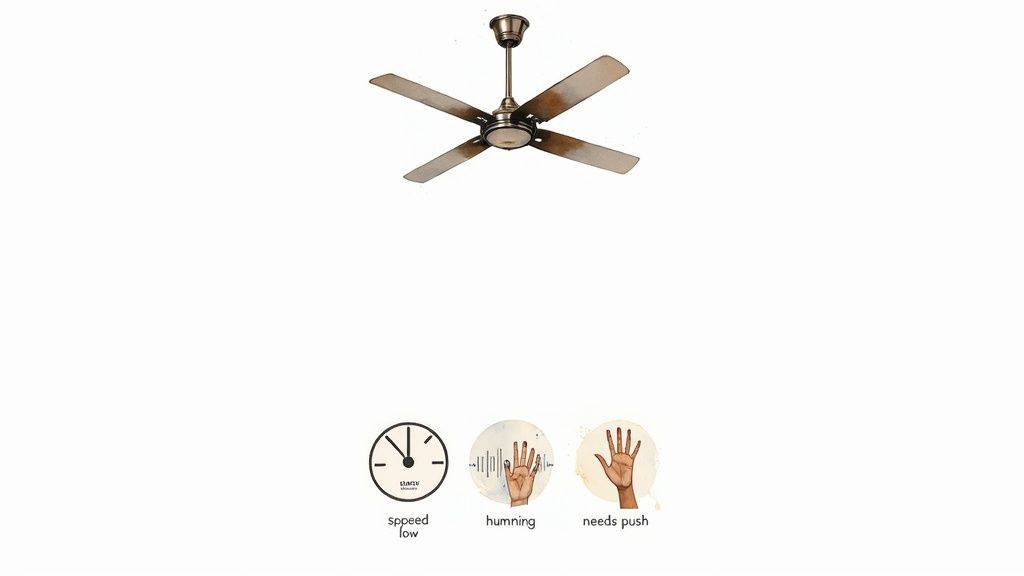 A dirty four-blade ceiling fan shown with three icons indicating low speed, humming, and needing a push to start.