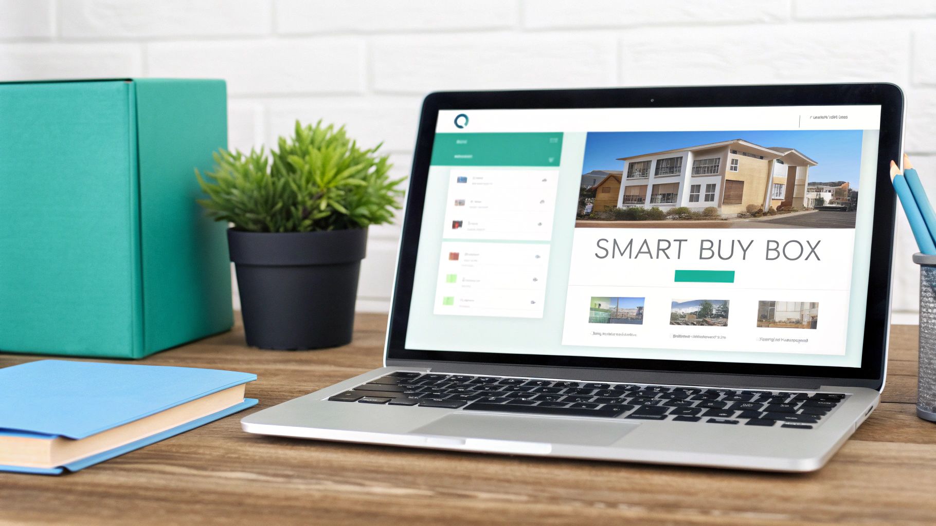 A laptop on a wooden desk displays a real estate website with "SMART BUY BOX" and a modern house.