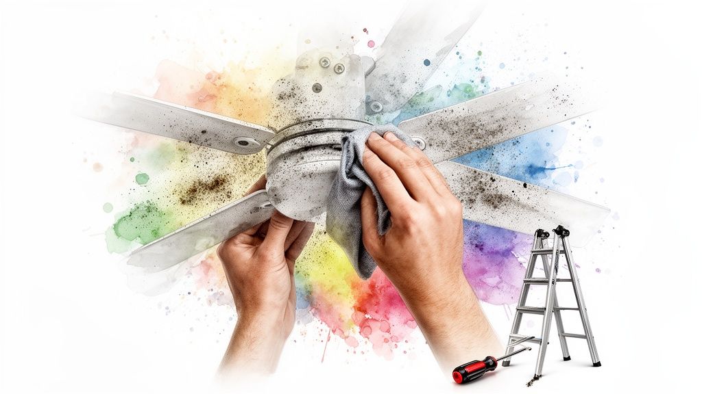 Hands cleaning a very dusty ceiling fan with a cloth, next to a ladder and screwdriver.