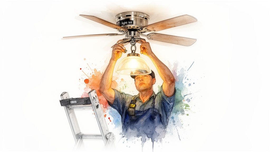 Watercolor illustration of a man on a ladder installing a light kit onto a ceiling fan.