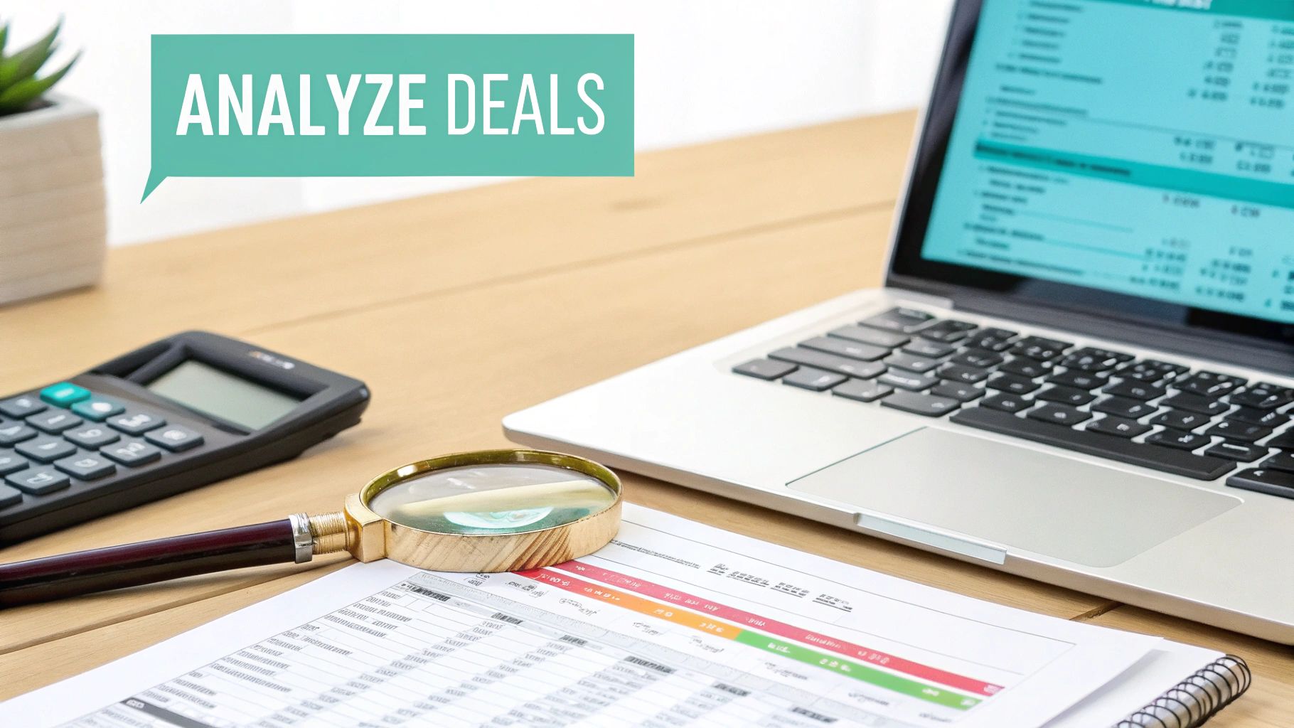 Desk with laptop displaying financial data, calculator, magnifying glass, and 'ANALYZE DEALS' text for investment.