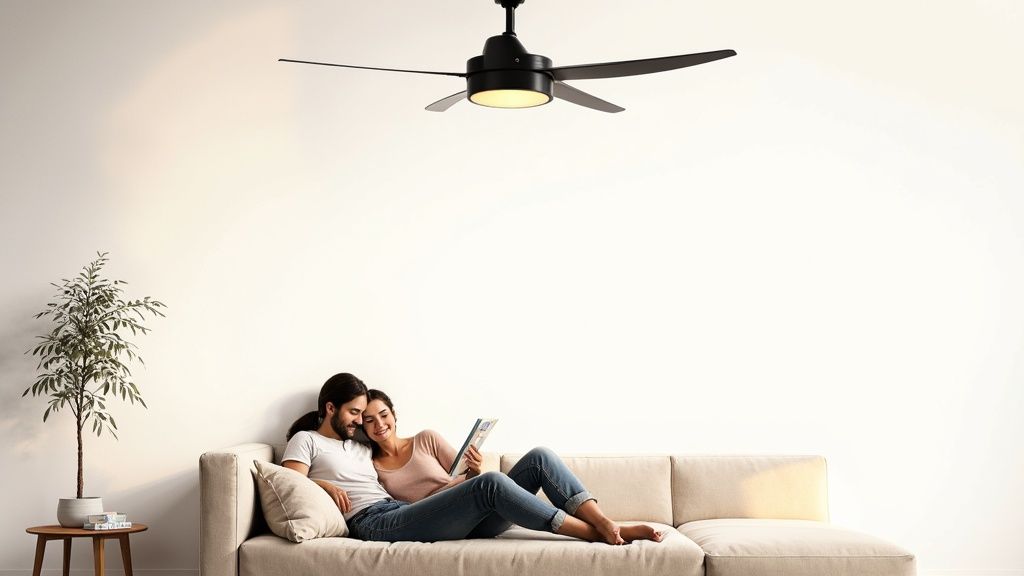 A couple relaxing on a sofa in a modern living room with a black ceiling fan.