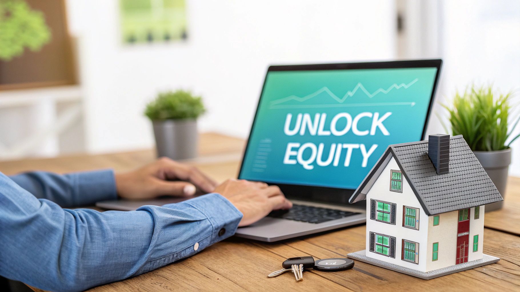 A person typing on a laptop displaying 'UNLOCK EQUITY' with a graph, beside a model house and keys.